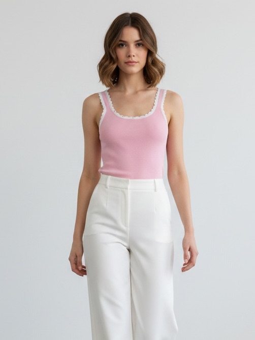 1316 Pink & White Rayon Blend Pearl Stud & Scallop Embellished Knit Tank Top